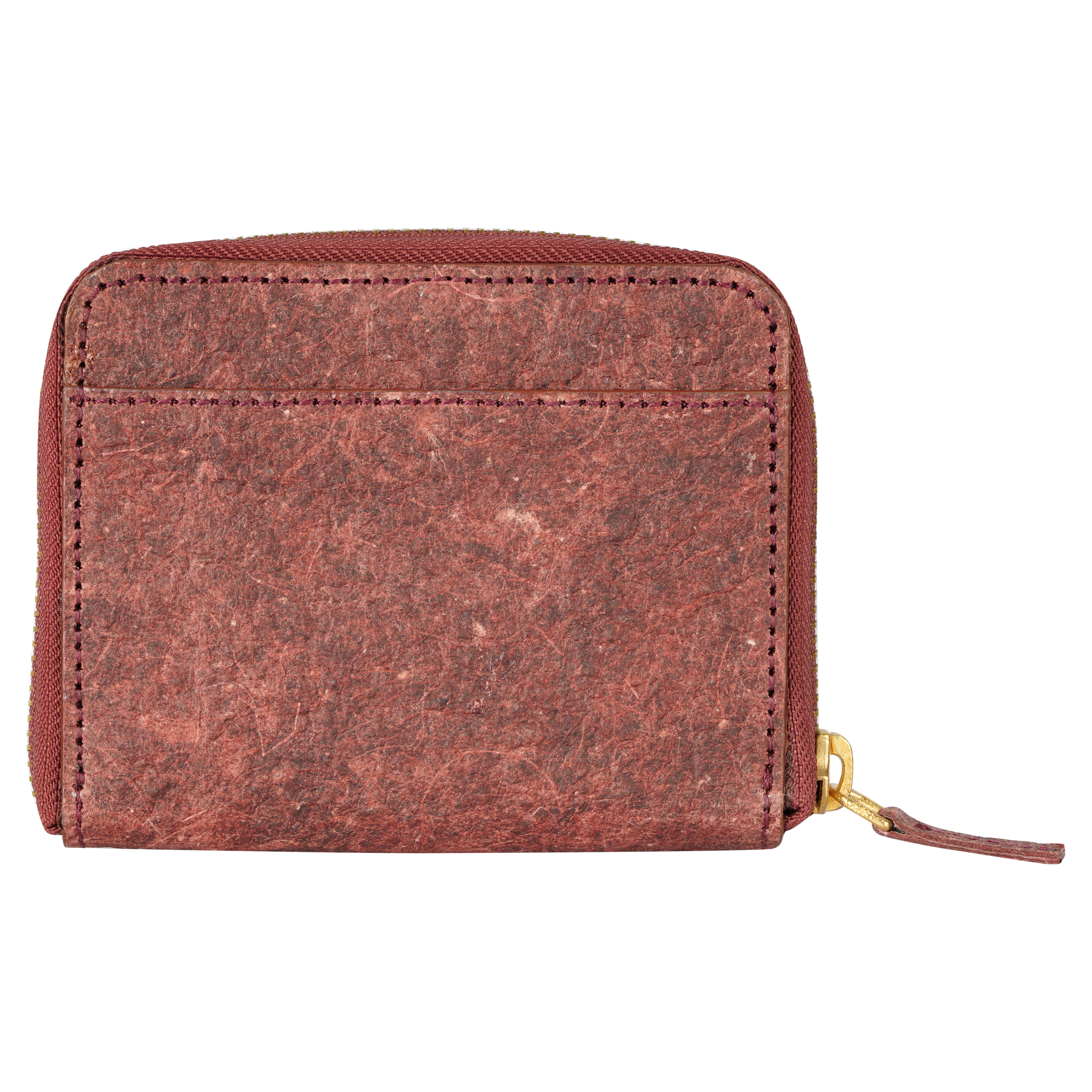 Coconut Leather Zip Pouch in Wine Red, featuring multiple compartments for cards and cash, showcasing its eco-friendly material and stylish design.