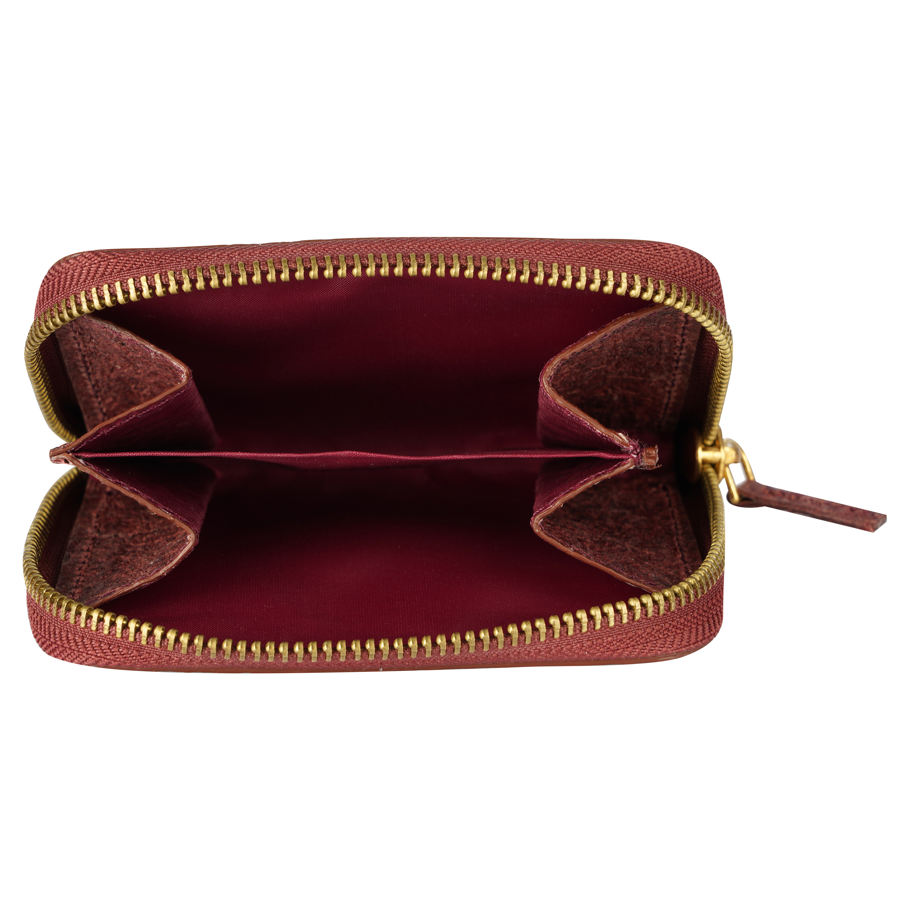 Coconut Leather Zip Pouch in Wine Red, featuring multiple compartments for cards and cash, showcasing its eco-friendly material and stylish design.