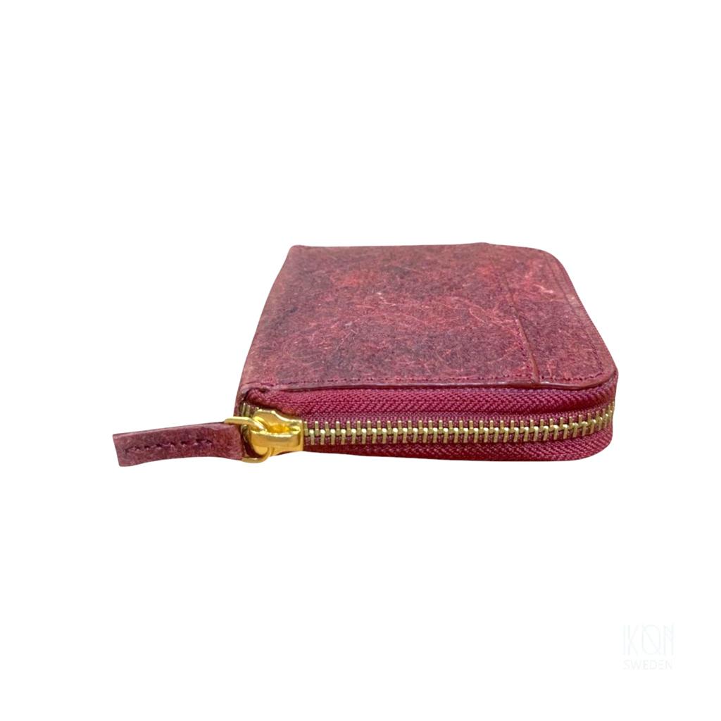 Coconut Leather Zip Pouch in Wine Red, featuring multiple compartments for cards and cash, showcasing its eco-friendly material and stylish design.