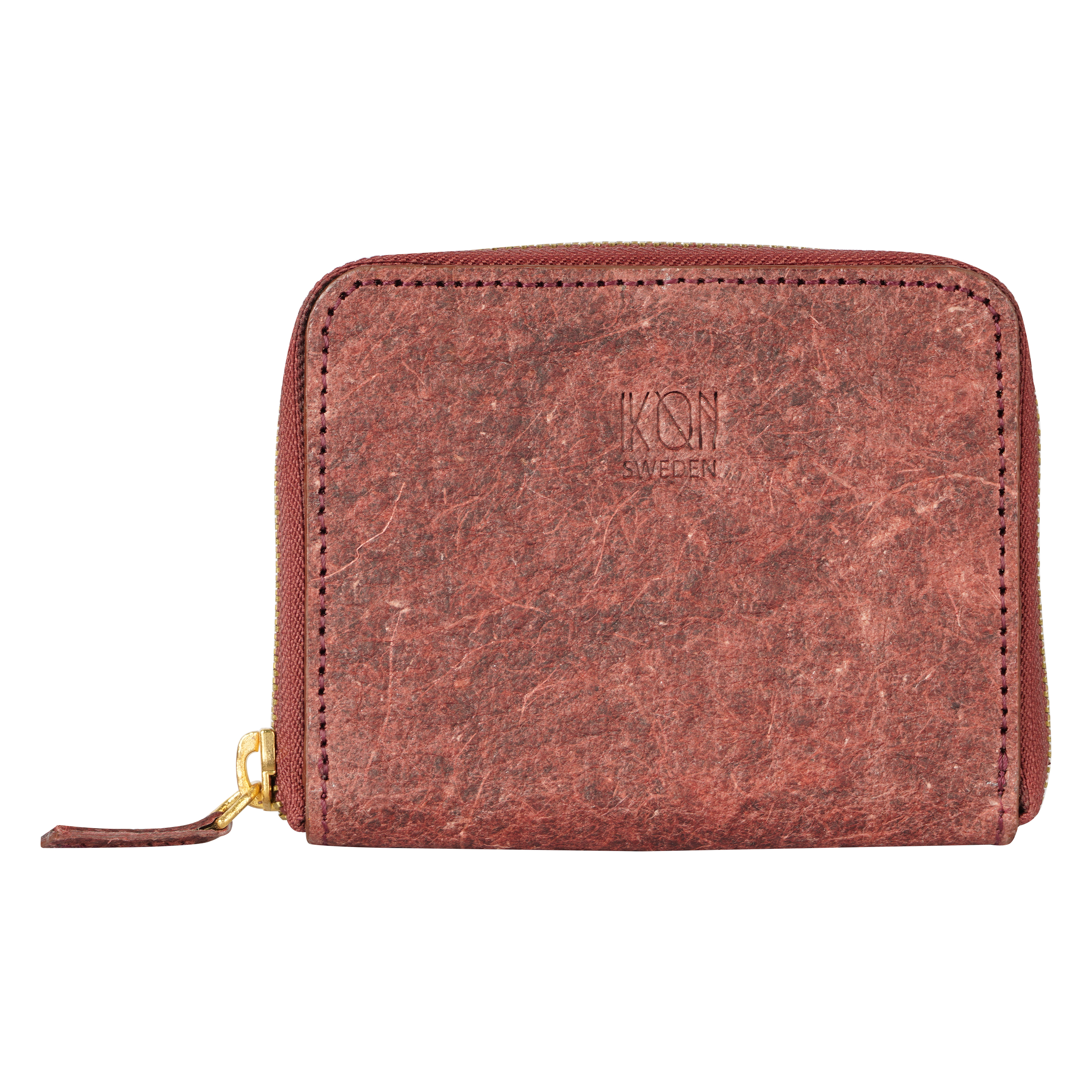 Coconut Leather Zip Pouch in Wine Red, featuring multiple compartments for cards and cash, showcasing its eco-friendly material and stylish design.