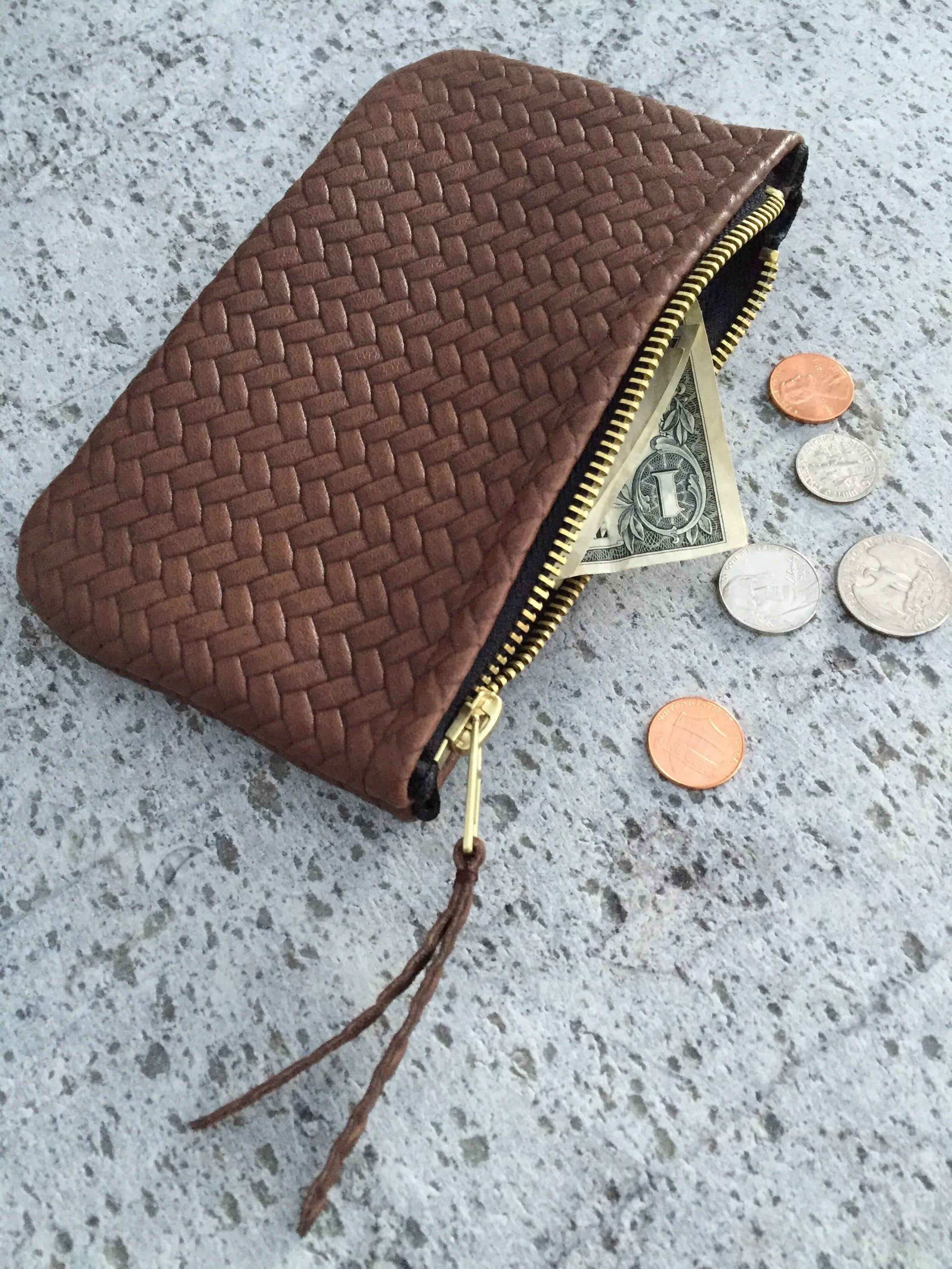 Coffer Mini Handwoven Leather Zipper Clutch in Tan Brown, showcasing its handwoven texture and compact design.