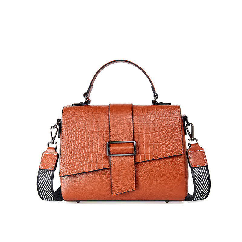 Color Contrast Fashion Messenger Bag made from cowhide leather, featuring a stylish design with a horizontal square shape and double root shoulder strap.