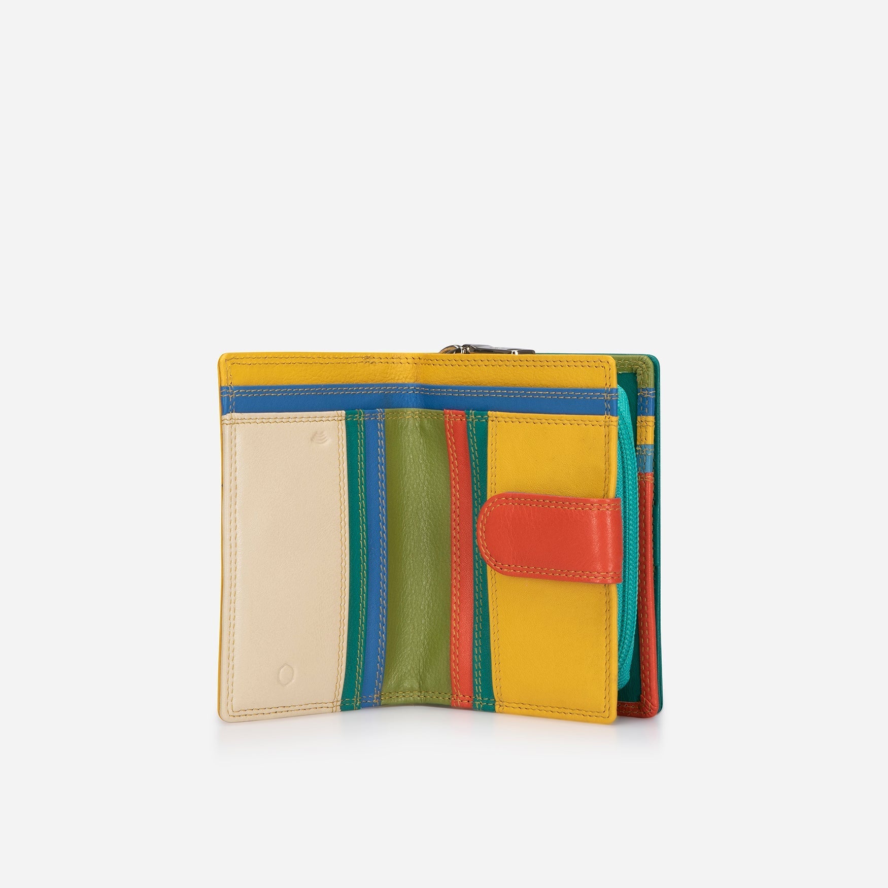 Compact Ladies Purse in vibrant Caribbean colors with a press-stud closure, showcasing its stylish and functional design.