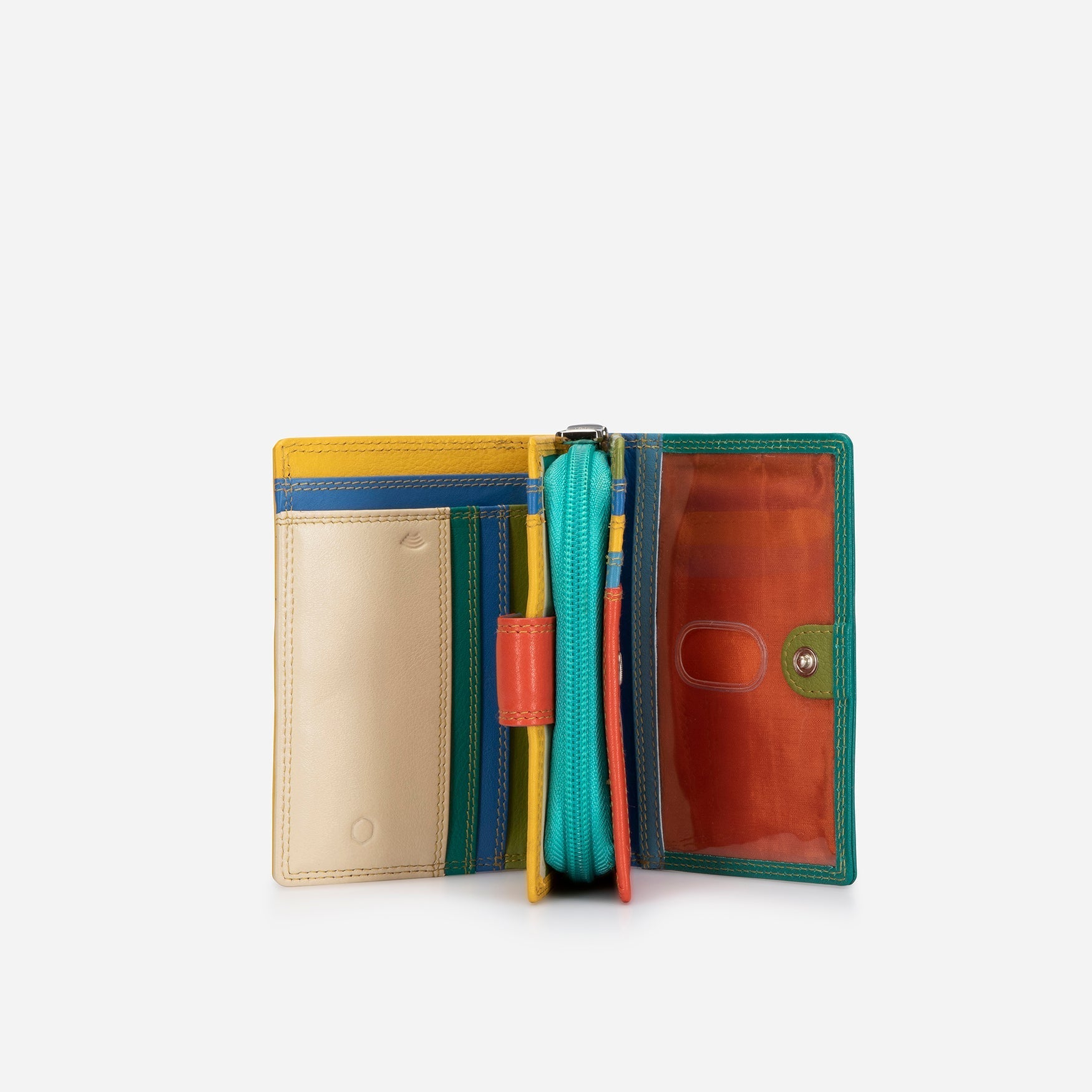 Compact Ladies Purse in vibrant Caribbean colors with a press-stud closure, showcasing its stylish and functional design.