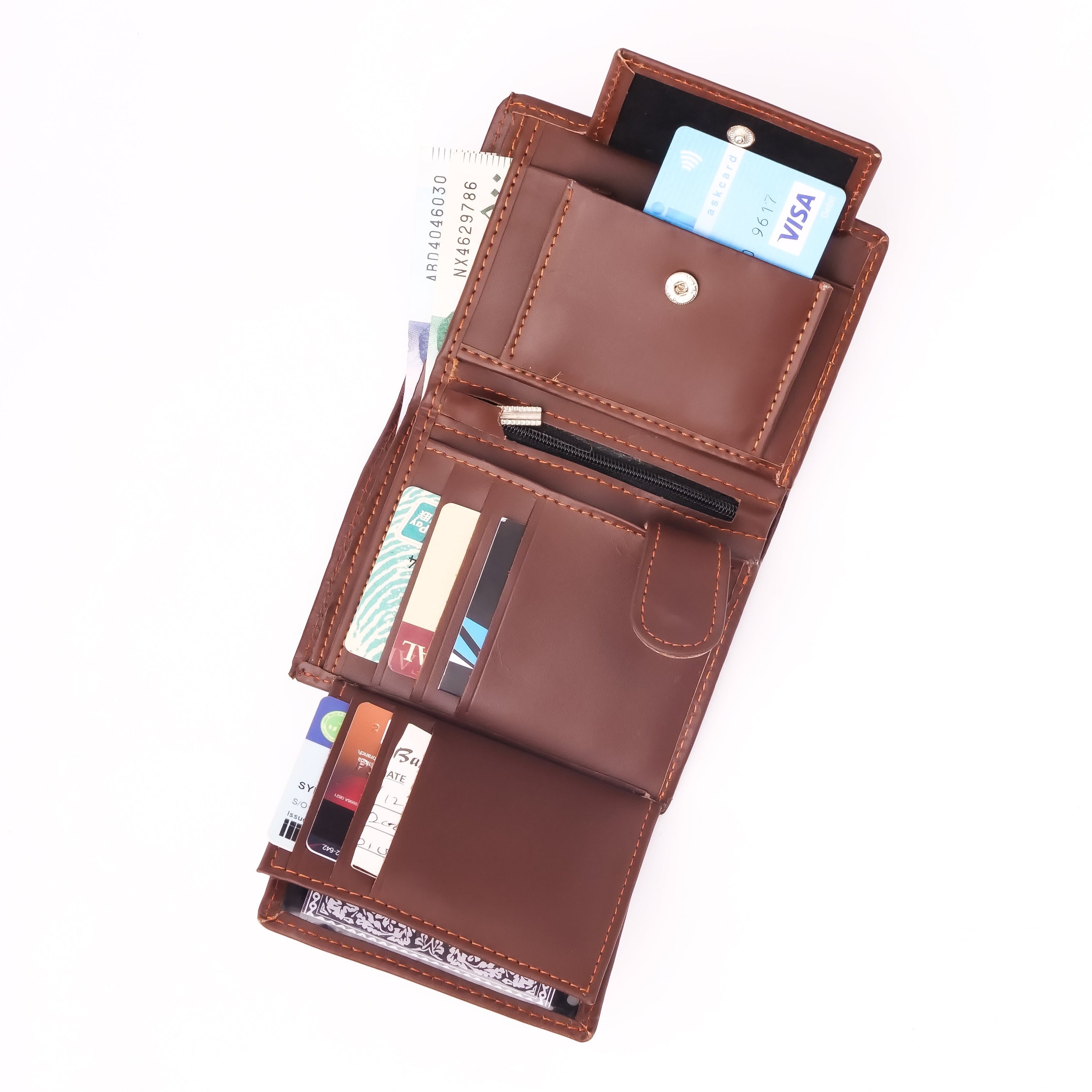 Compact brown leather wallet featuring multiple card slots, a coin pocket, and premium packaging.