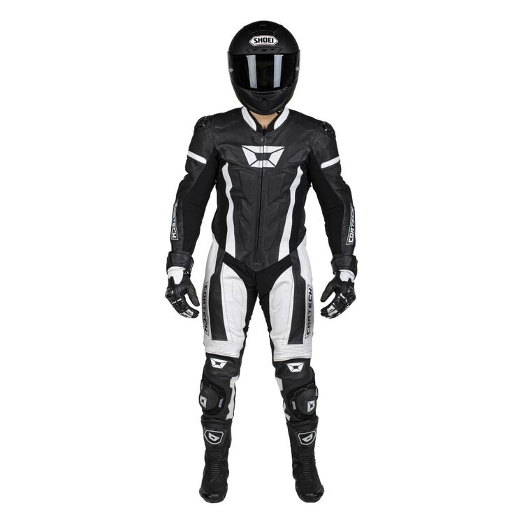 Cortech Apex V1 Race Suit showcasing durable cowhide leather, perforated zones, and protective armor features.