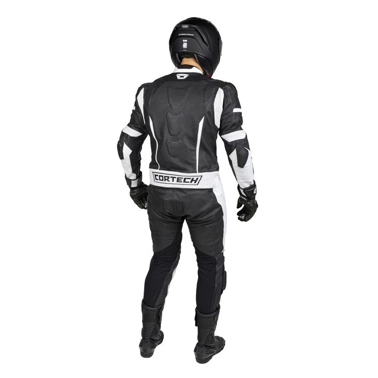 Cortech Apex V1 Race Suit showcasing durable cowhide leather, perforated zones, and protective armor features.