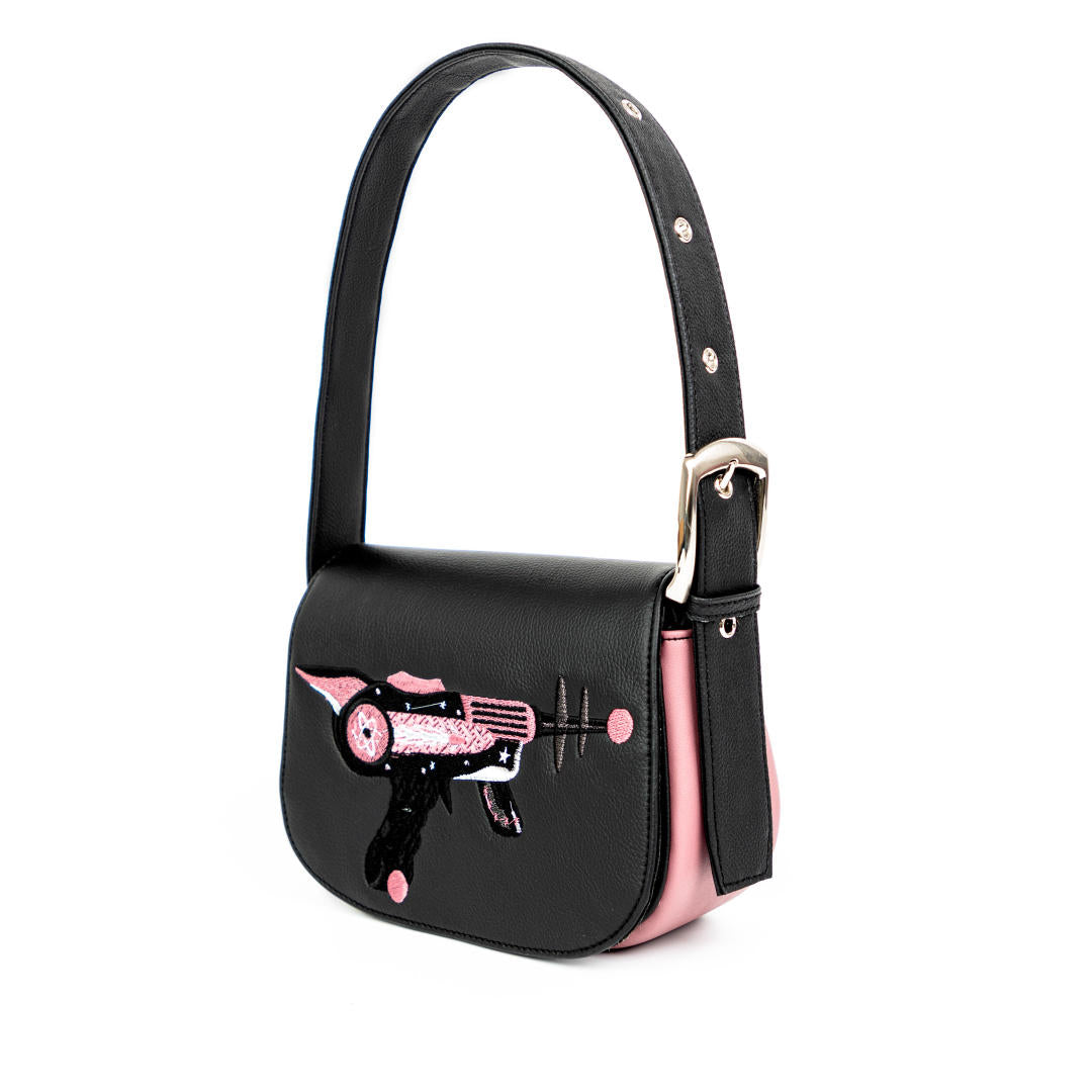 Cosmic Flap Bag featuring vegan leather, unique embroidery, and artificial fur with an adjustable strap.