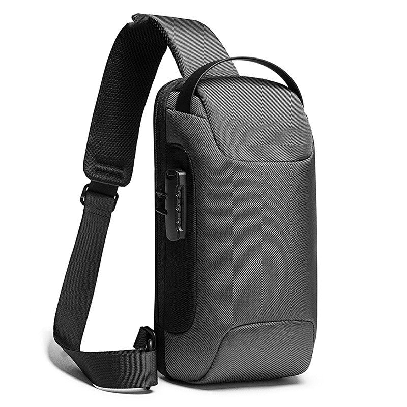 Crossbody waterproof chest bag for men and women, made from high-density Oxford fabric, featuring adjustable strap and multiple compartments.