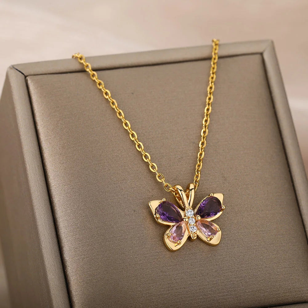 A delicate Cute Crystal Butterfly Necklace featuring a sparkling butterfly pendant on a stainless steel link chain, perfect for women.