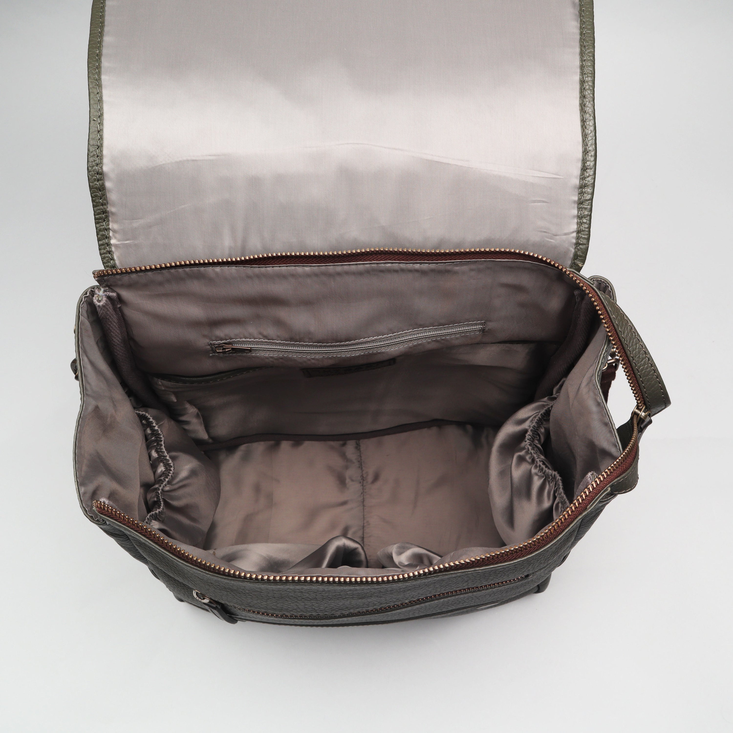 Donna Leather Diaper Bag in premium full grain leather with multiple pockets and versatile carrying options.