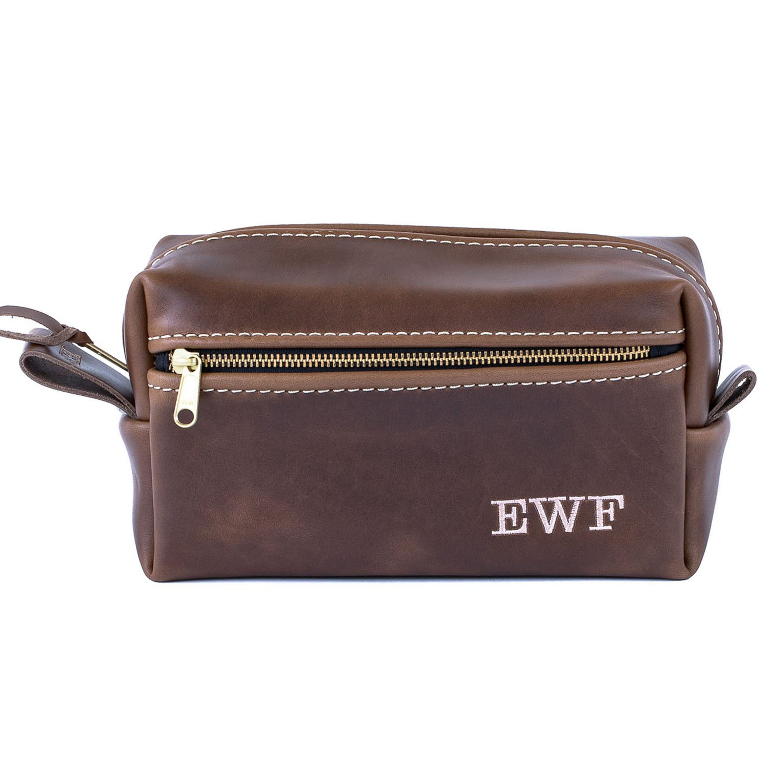 Double Zipper Toiletry Bag made from full grain leather with water-resistant lining and heavy-duty zippers, ideal for travel organization.