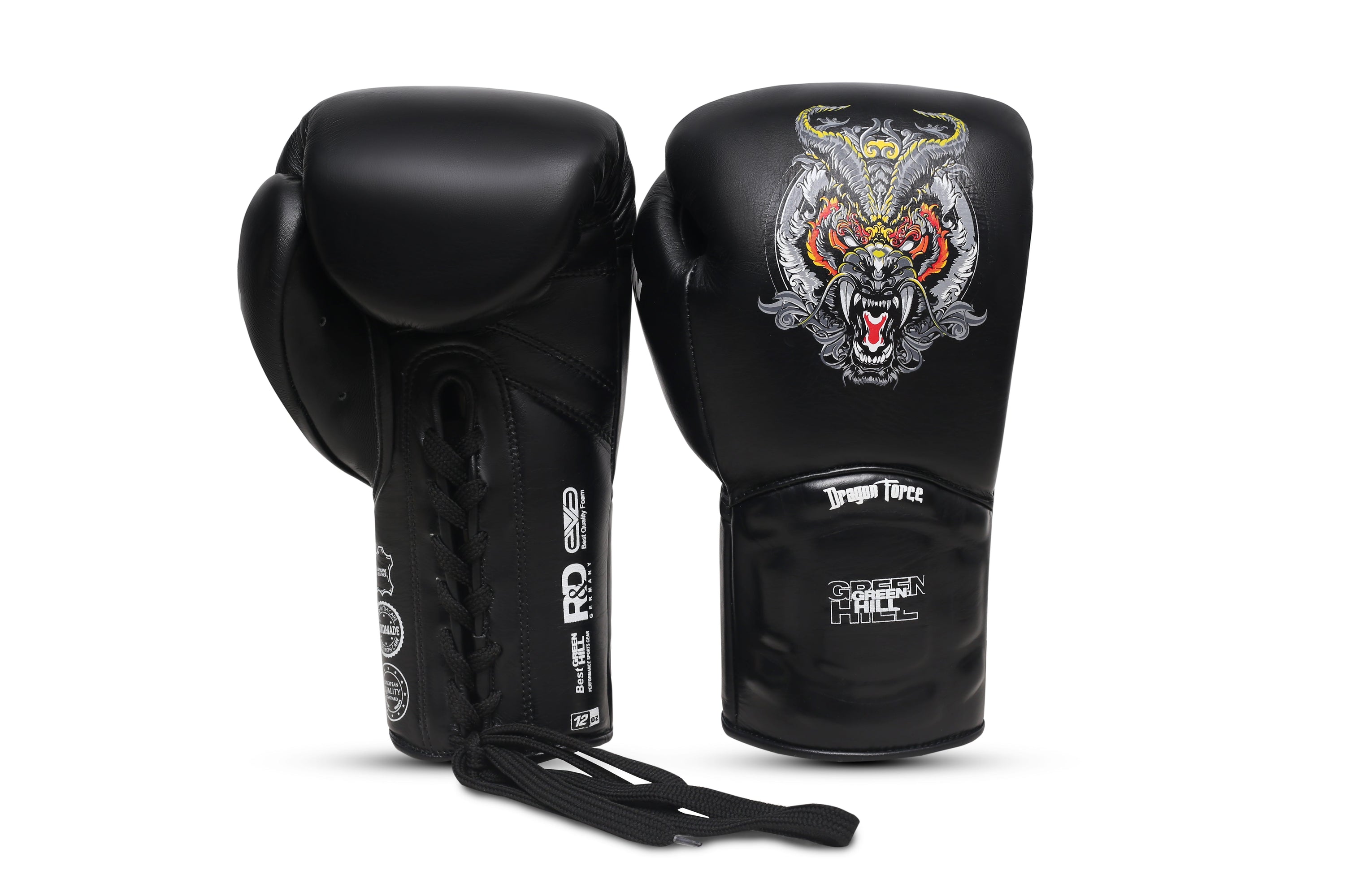 Dragon Force Boxing Gloves made of genuine leather with lace closure and open mesh design, showcasing durability and comfort for training and fighting.