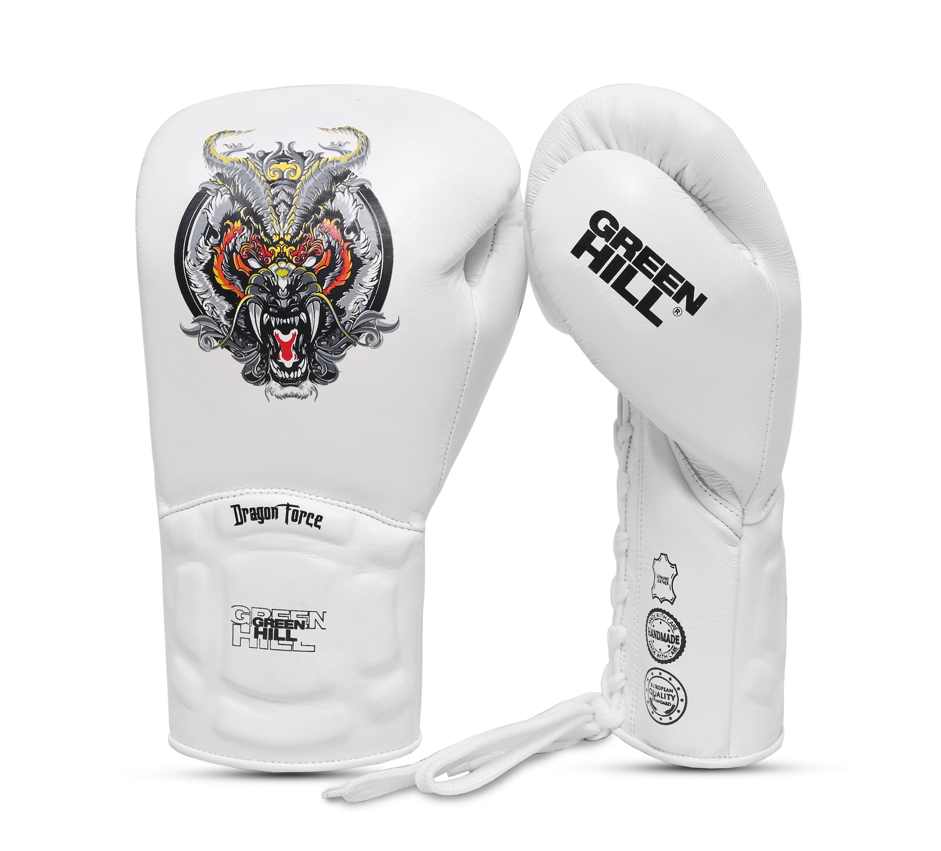 Dragon Force Boxing Gloves made of genuine leather with lace closure and open mesh design, showcasing durability and comfort for training and fighting.