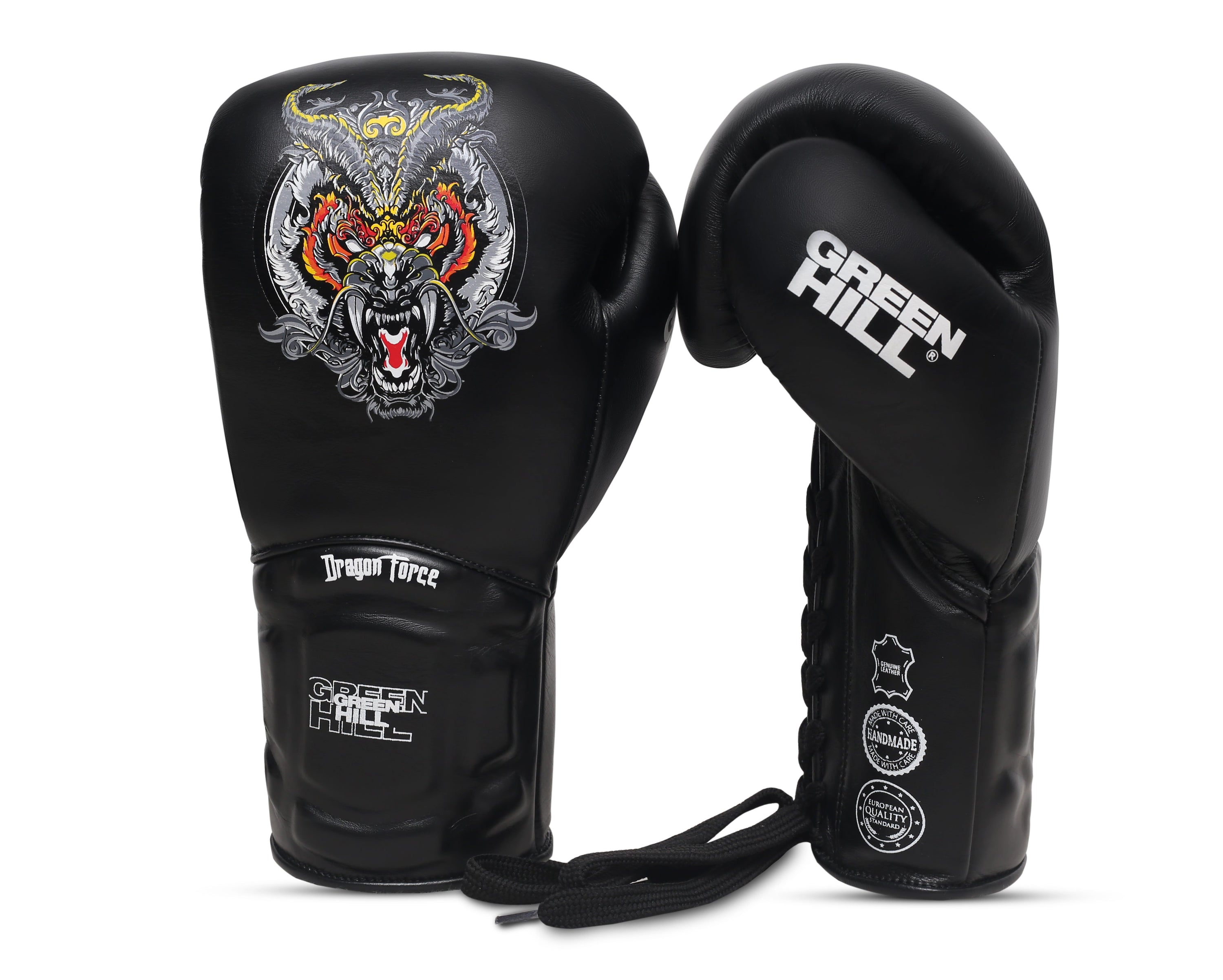 Dragon Force Boxing Gloves made of genuine leather with lace closure and open mesh design, showcasing durability and comfort for training and fighting.