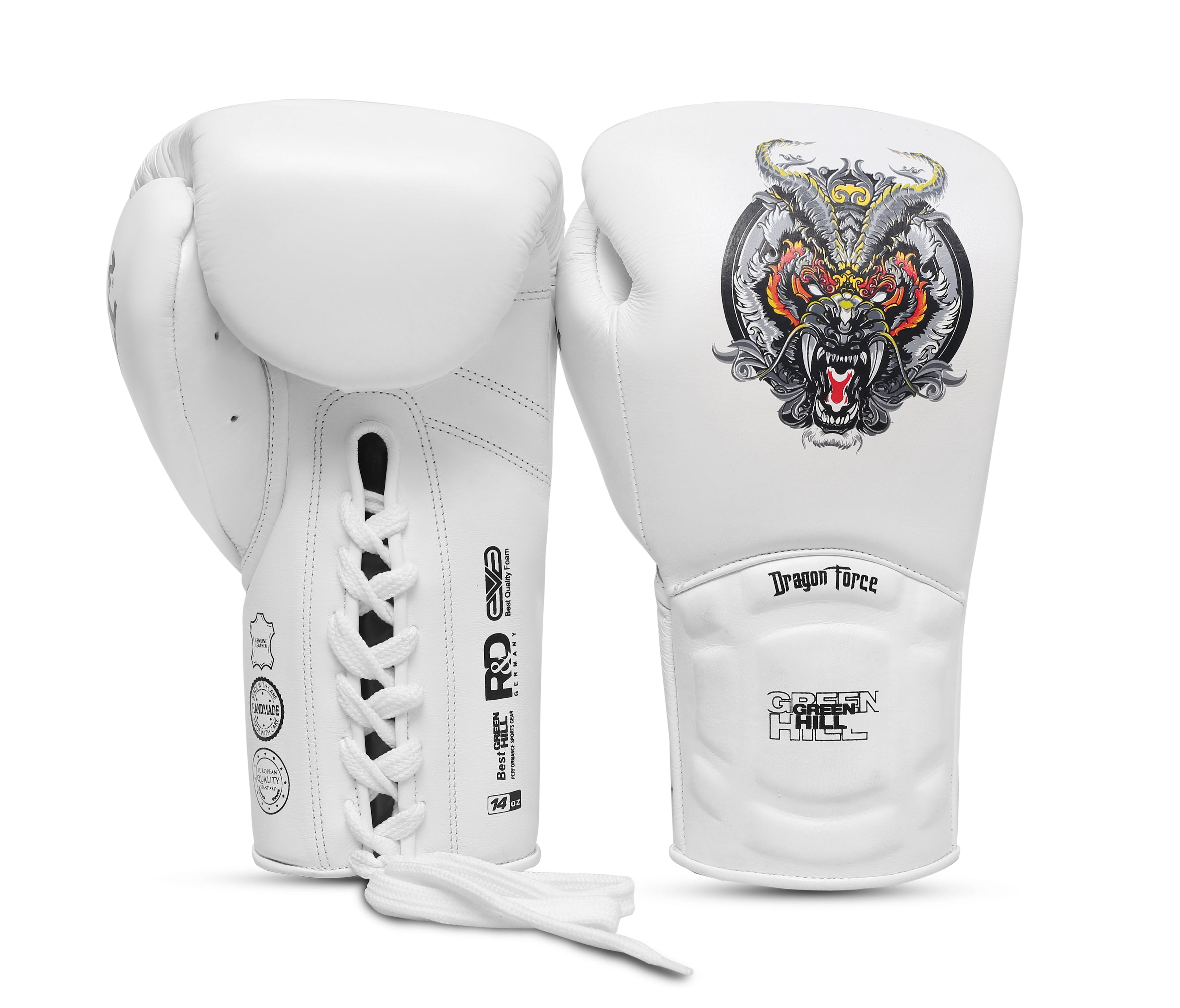 Dragon Force Boxing Gloves made of genuine leather with lace closure and open mesh design, showcasing durability and comfort for training and fighting.