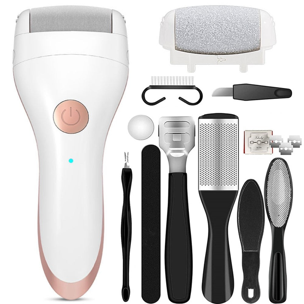 Electric Pedicure Hard Skin Remover with three roller heads, showcasing its ergonomic design and rechargeable feature for effective foot care.