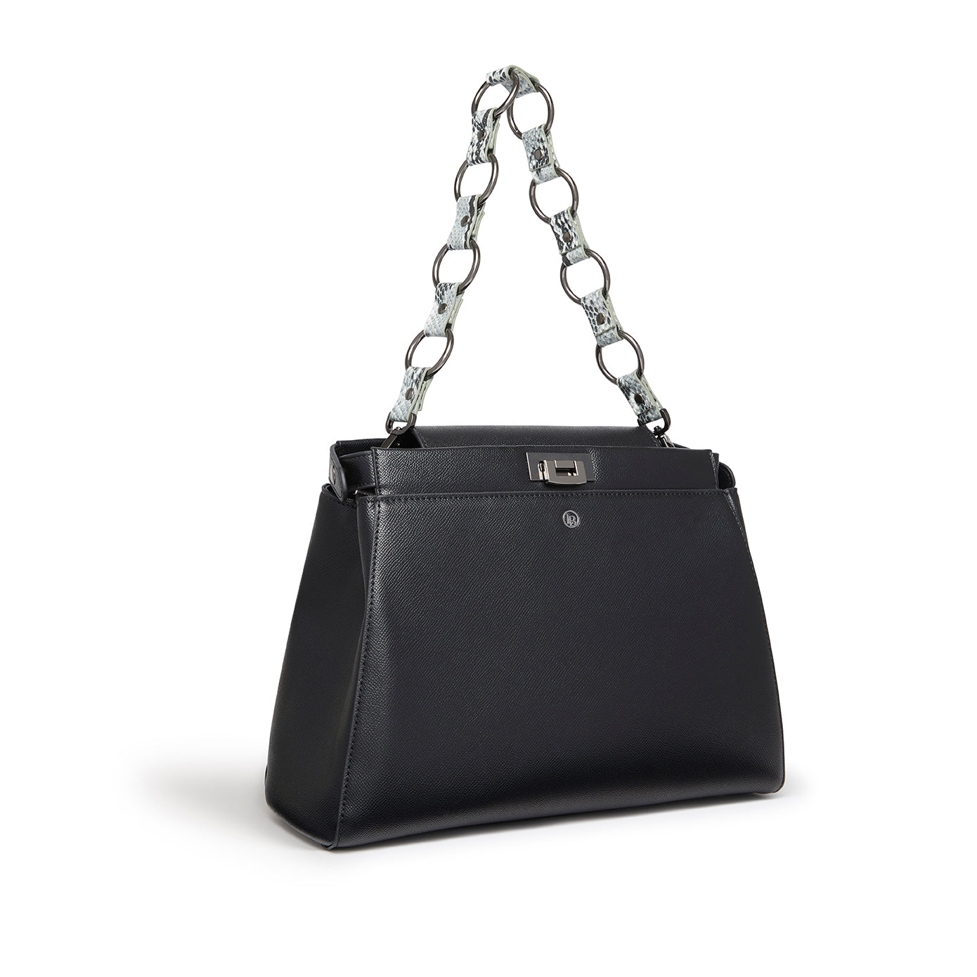 Elm Shoulder Bag in Black made from premium vegan leather, featuring a flap closure, adjustable strap, and faux snake designer strap.