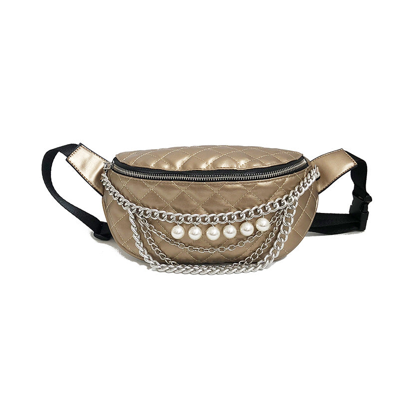 European and American style PU ladies messenger bag with dumpling shape, chain handle, and zipper closure, showcasing its elegant design and functionality.