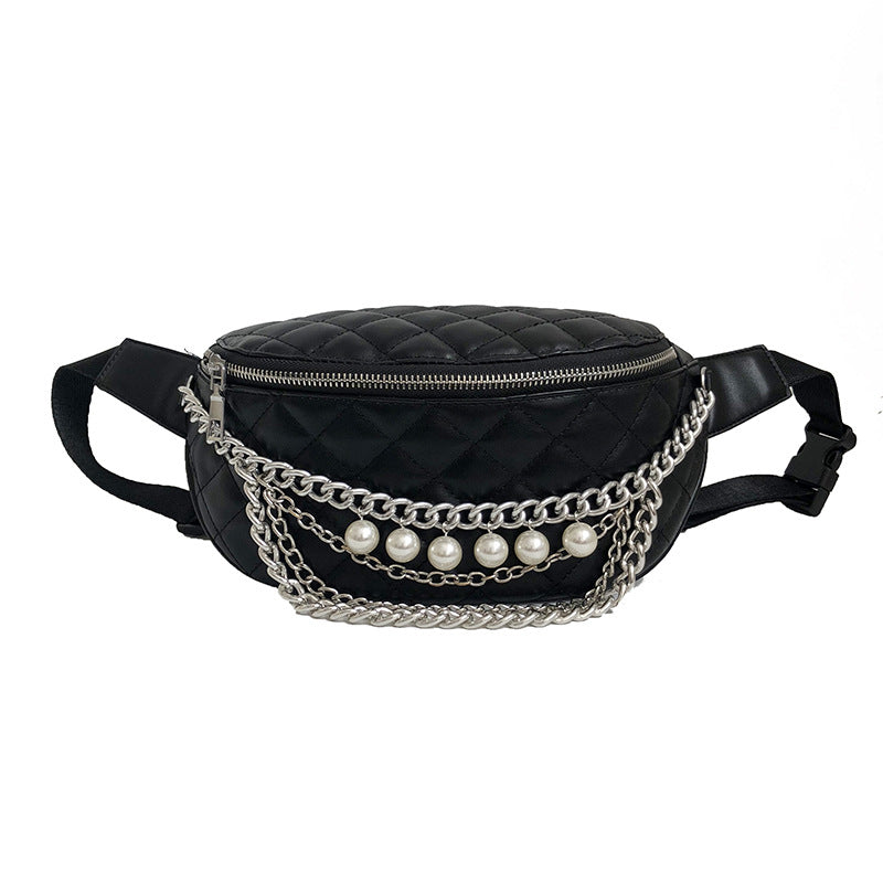 European and American style PU ladies messenger bag with dumpling shape, chain handle, and zipper closure, showcasing its elegant design and functionality.