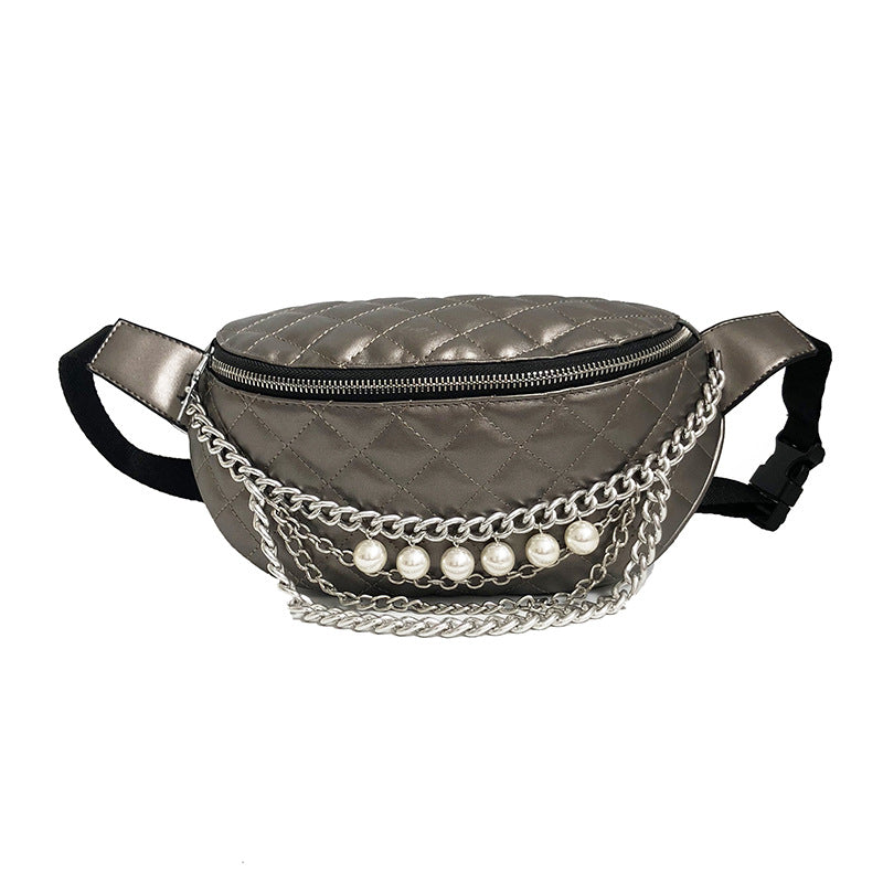 European and American style PU ladies messenger bag with dumpling shape, chain handle, and zipper closure, showcasing its elegant design and functionality.