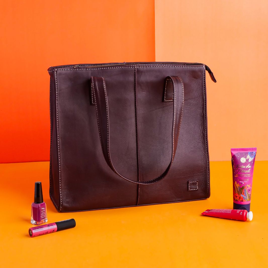 Everyday Women's Leather Zipper Tote Bag in Maroon Oak, showcasing its spacious design and premium cow leather material.