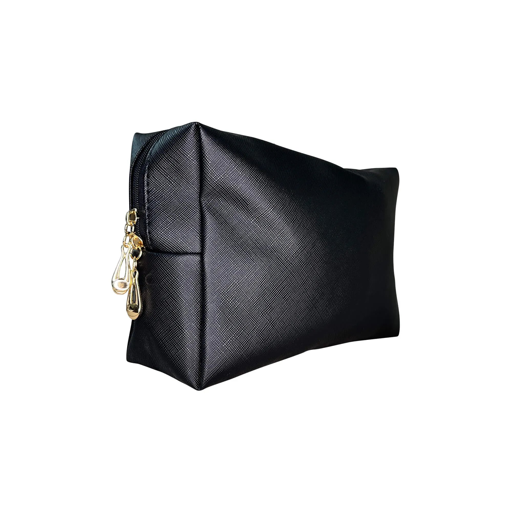 A stylish black Everywhere Makeup Bag with a waterproof exterior, showcasing its spacious compartments and durable zipper.