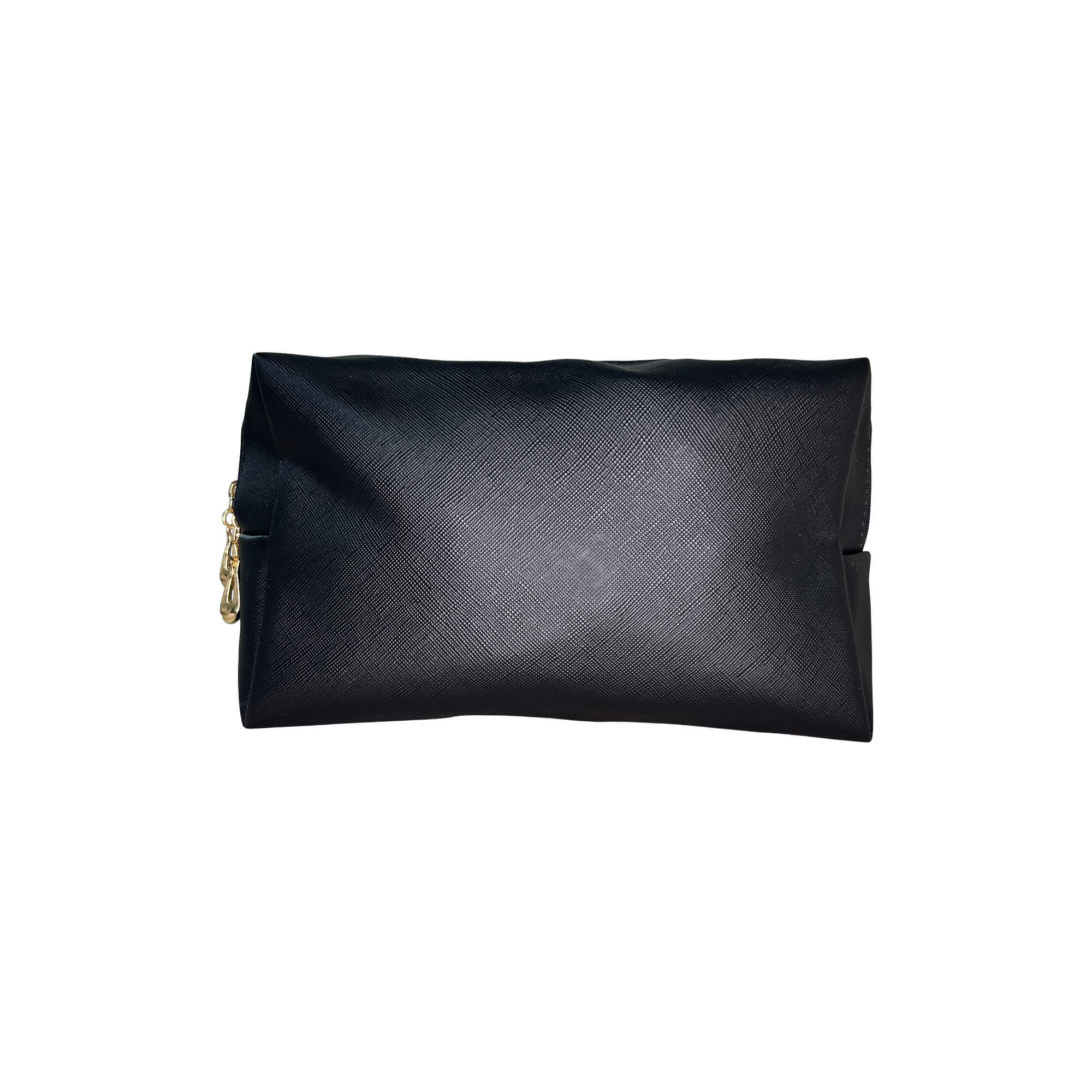 A stylish black Everywhere Makeup Bag with a waterproof exterior, showcasing its spacious compartments and durable zipper.