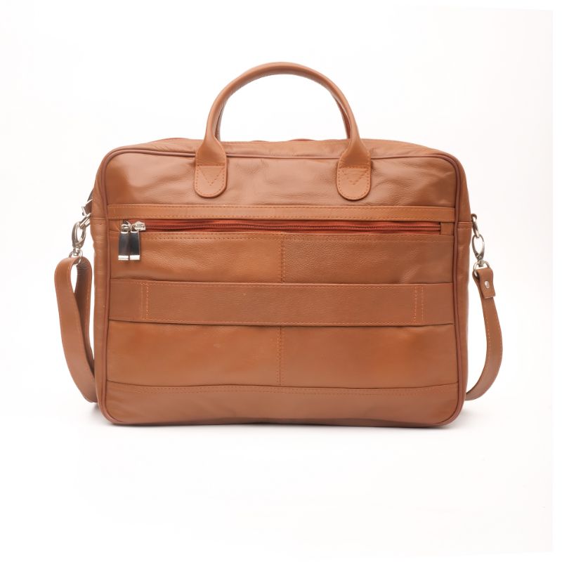 Executive Leather Laptop Bag in tan color, crafted from genuine cow leather, featuring adjustable shoulder strap and spacious compartments.