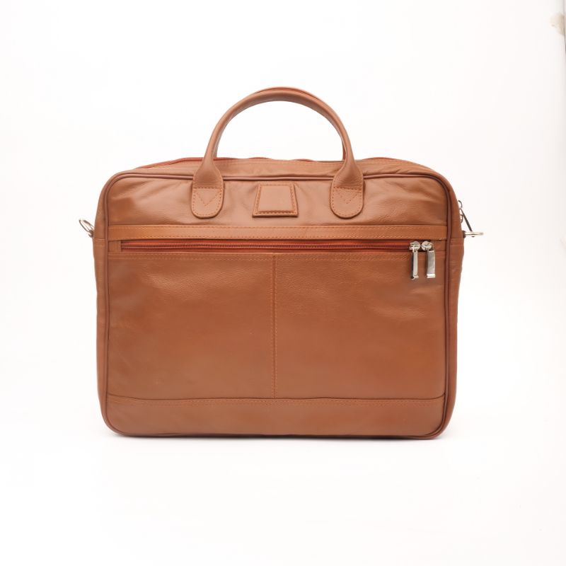 Executive Leather Laptop Bag in tan color, crafted from genuine cow leather, featuring adjustable shoulder strap and spacious compartments.
