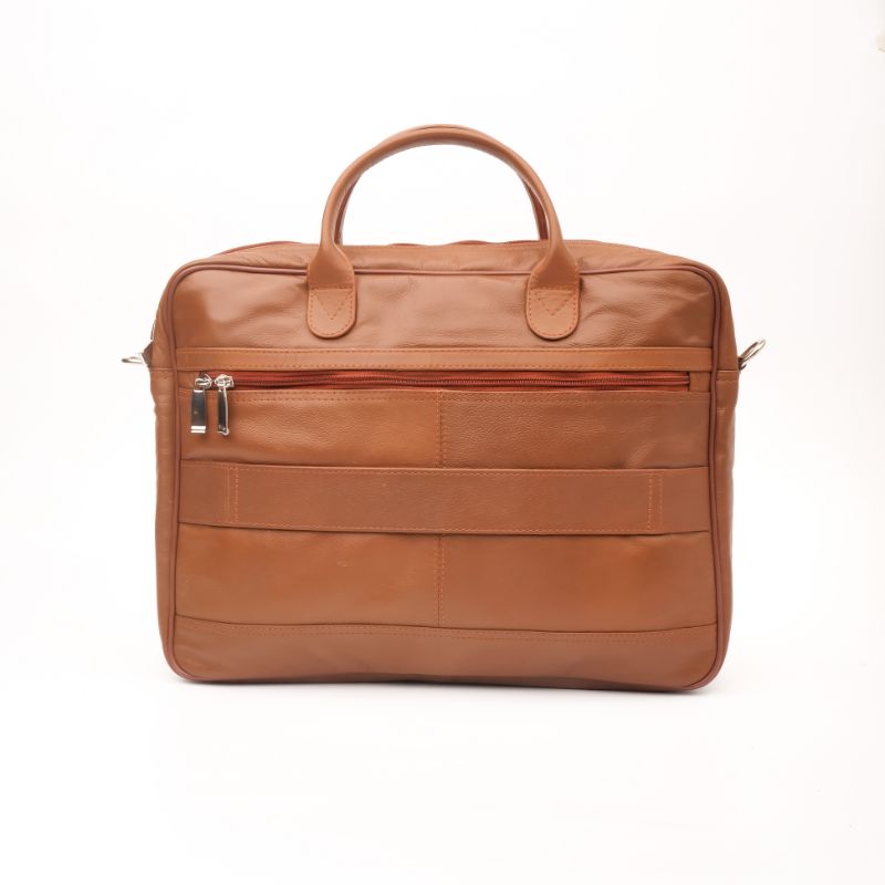 Executive Leather Laptop Bag in tan color, crafted from genuine cow leather, featuring adjustable shoulder strap and spacious compartments.