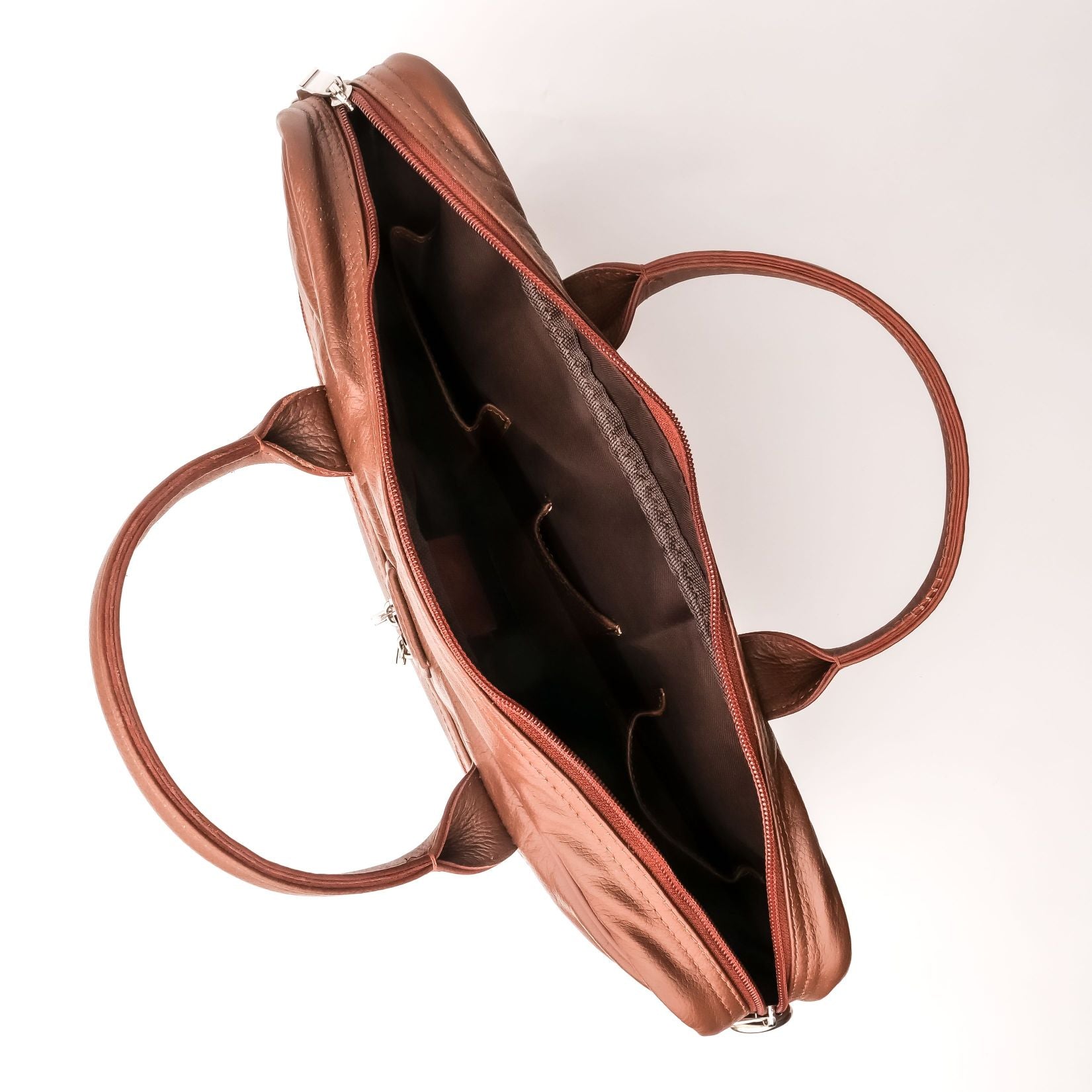 Executive Leather Laptop Bag in tan color, crafted from genuine cow leather, featuring adjustable shoulder strap and spacious compartments.