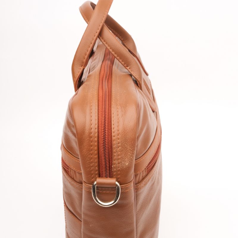 Executive Leather Laptop Bag in tan color, crafted from genuine cow leather, featuring adjustable shoulder strap and spacious compartments.