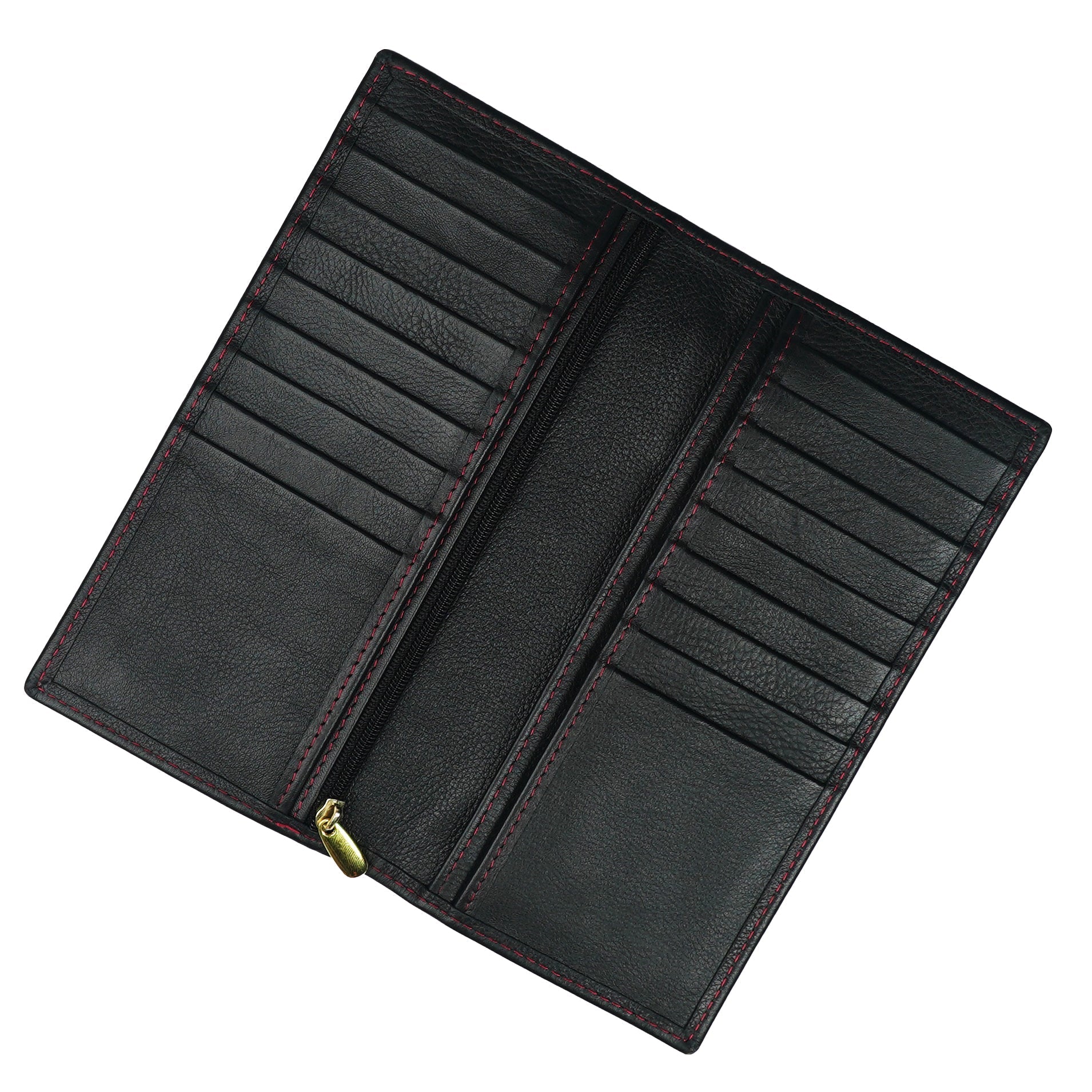 Executive Leather Long Wallet in BLACK/RED featuring a sleek design with multiple compartments and credit card slots.