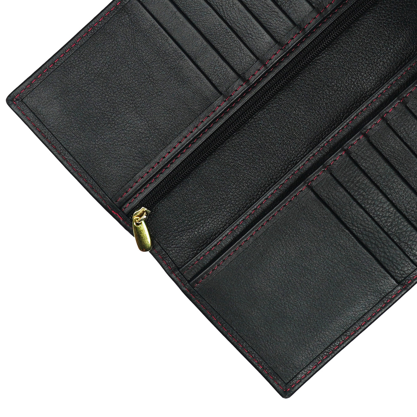 Executive Leather Long Wallet in BLACK/RED featuring a sleek design with multiple compartments and credit card slots.