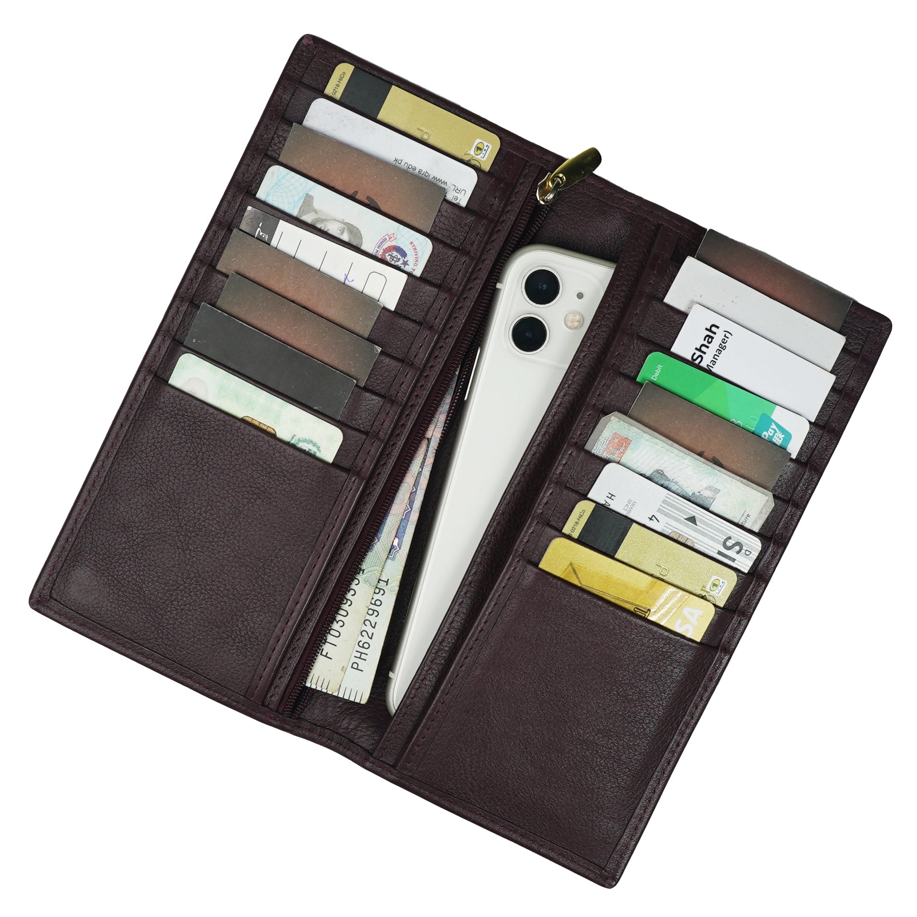 Executive Leather Long Wallet in brown, featuring a sleek design with multiple compartments and credit card slots.