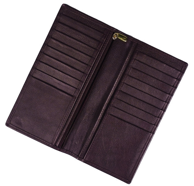 Executive Leather Long Wallet in Burgundy, featuring a sleek design with multiple compartments and credit card slots.