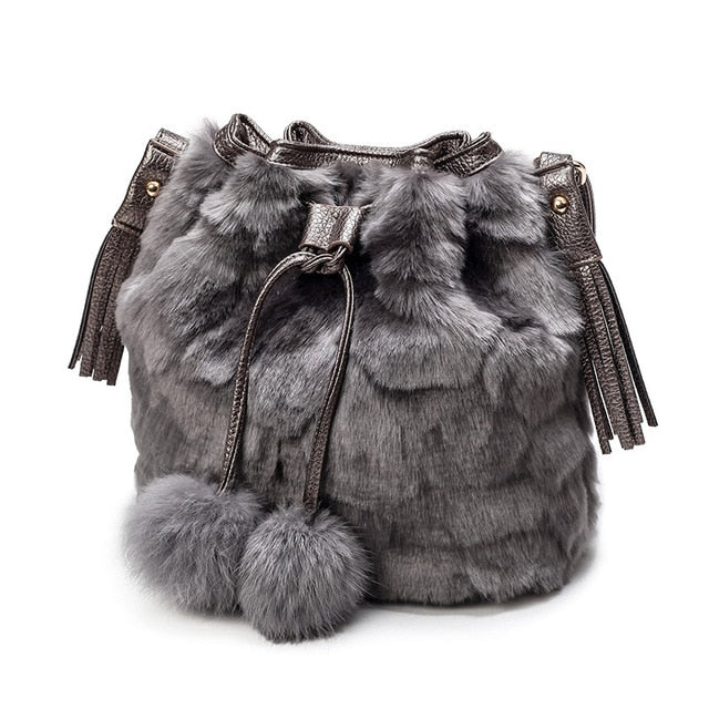 Fashion Plush Handbag for Women, featuring a soft plush exterior, bucket shape, and stylish design with a single strap.
