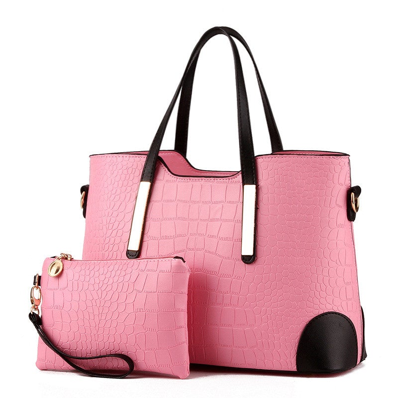 Female Fashion Two-Piece Color Contrast Handbag set featuring a large and small bag with stylish stitching details.