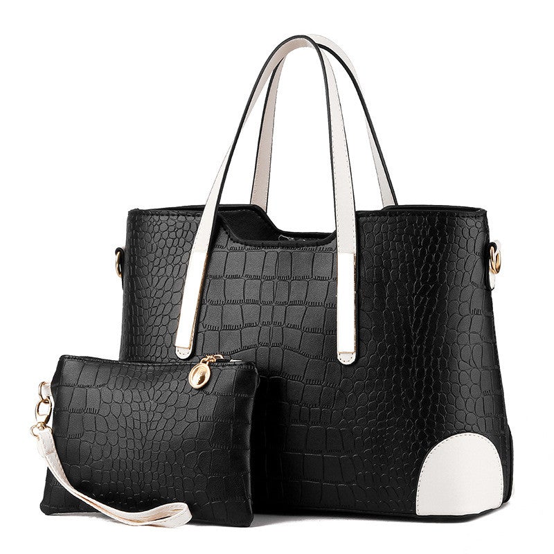 Female Fashion Two-Piece Color Contrast Handbag set featuring a large and small bag with stylish stitching details.