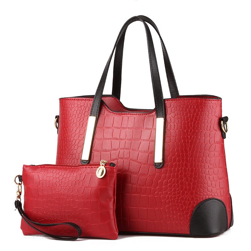 Female Fashion Two-Piece Color Contrast Handbag set featuring a large and small bag with stylish stitching details.