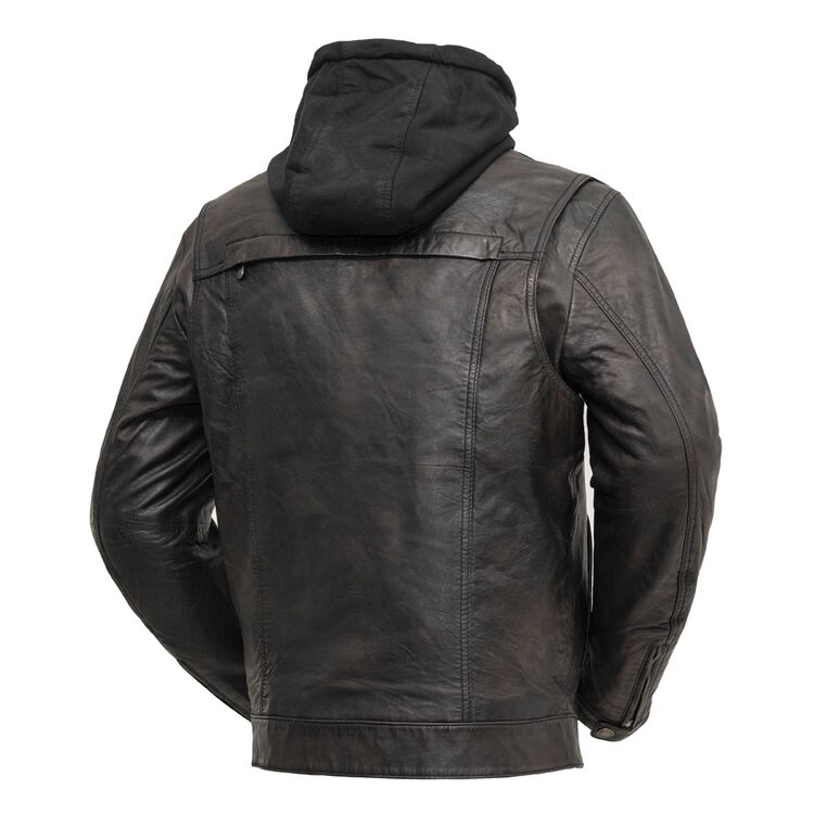 First Manufacturing Vendetta Jacket featuring a removable hoodie, distressed sheepskin material, and multiple pockets for functionality.