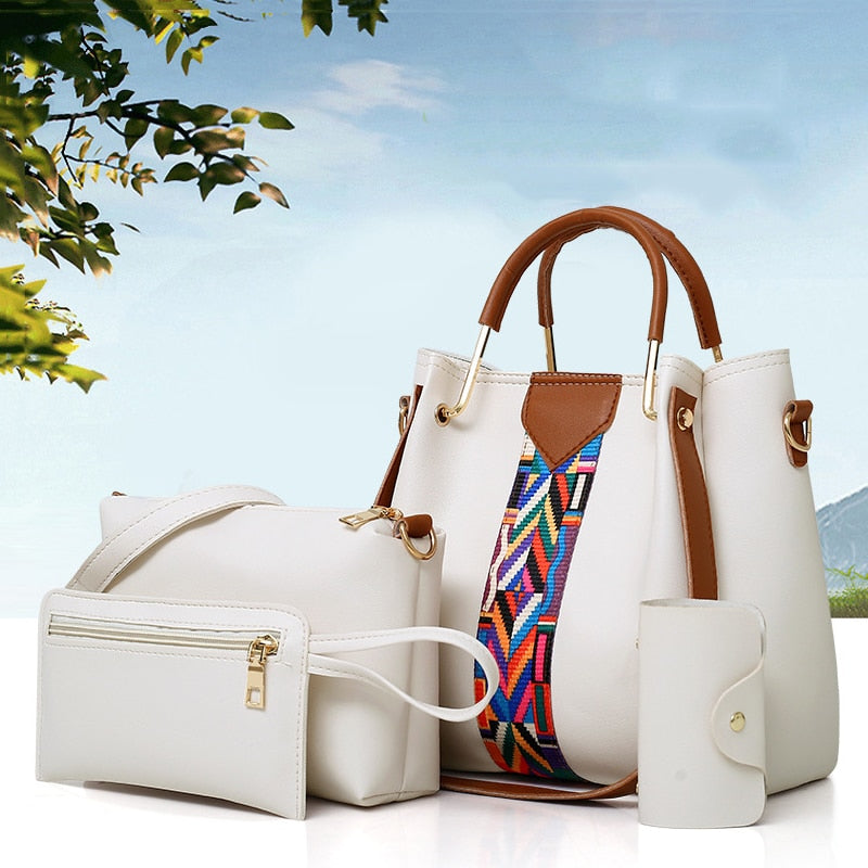 Four-piece set of stylish color contrast handbags for women, featuring various sizes and a trendy design, perfect for commuting and everyday use.
