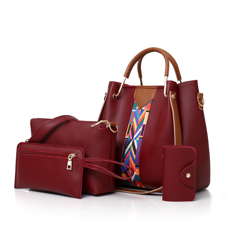 Four-piece set of stylish color contrast handbags for women, featuring various sizes and a trendy design, perfect for commuting and everyday use.