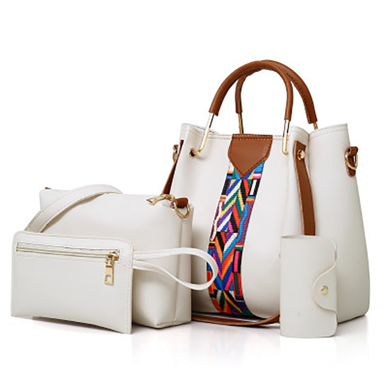 Four-piece set of stylish color contrast handbags for women, featuring various sizes and a trendy design, perfect for commuting and everyday use.