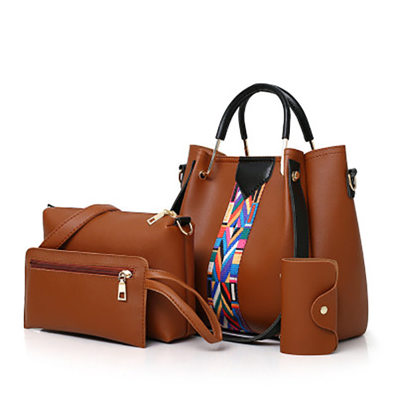 Four-piece set of stylish color contrast handbags for women, featuring various sizes and a trendy design, perfect for commuting and everyday use.