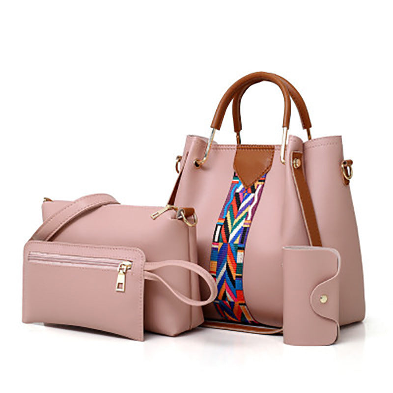 Four-piece set of stylish color contrast handbags for women, featuring various sizes and a trendy design, perfect for commuting and everyday use.