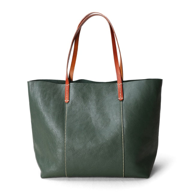 Genuine Leather Simple Tote in blue and green, showcasing its soft structure and zipper closure.