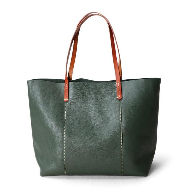 Genuine Leather Simple Tote in blue and green, showcasing its soft structure and zipper closure.