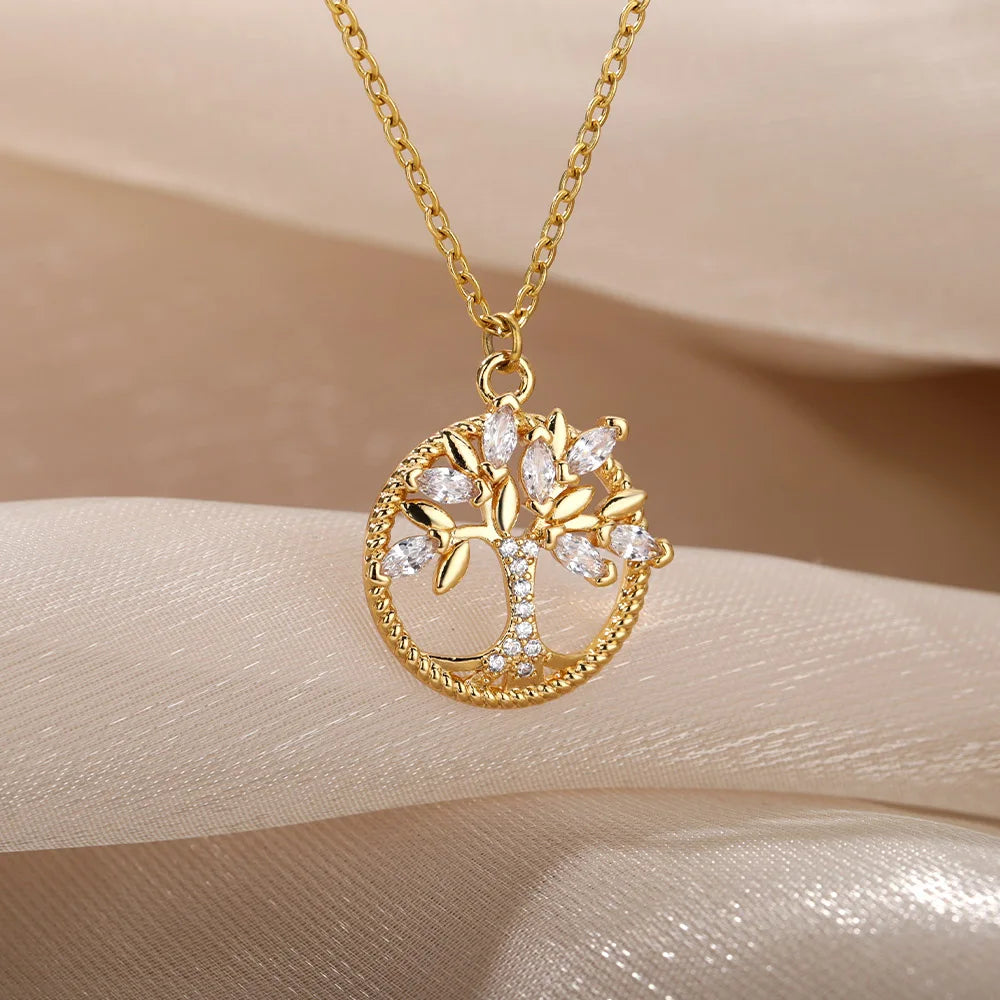 Gorgeous Tree Of Life Crystal Necklace featuring a stainless steel pendant with a tree design on a link chain, perfect for women.
